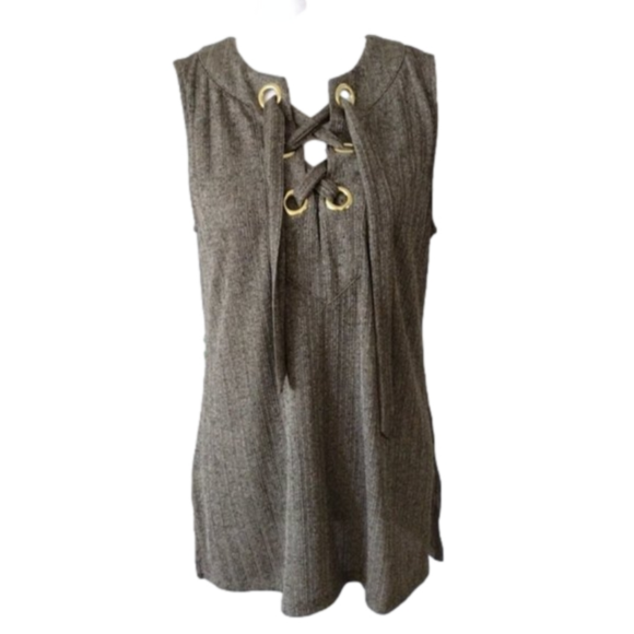 Michael Kors metallic safari green sleeveless blouse tie & grommet front sz M‎ - Picture 1 of 8
